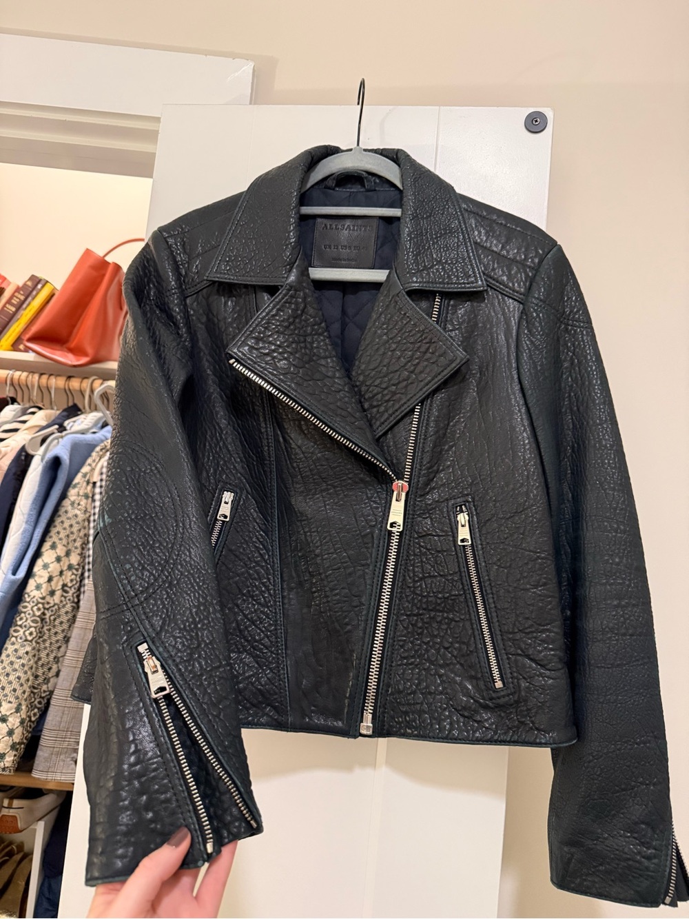 All Saints Blue Textured Leather Jacket